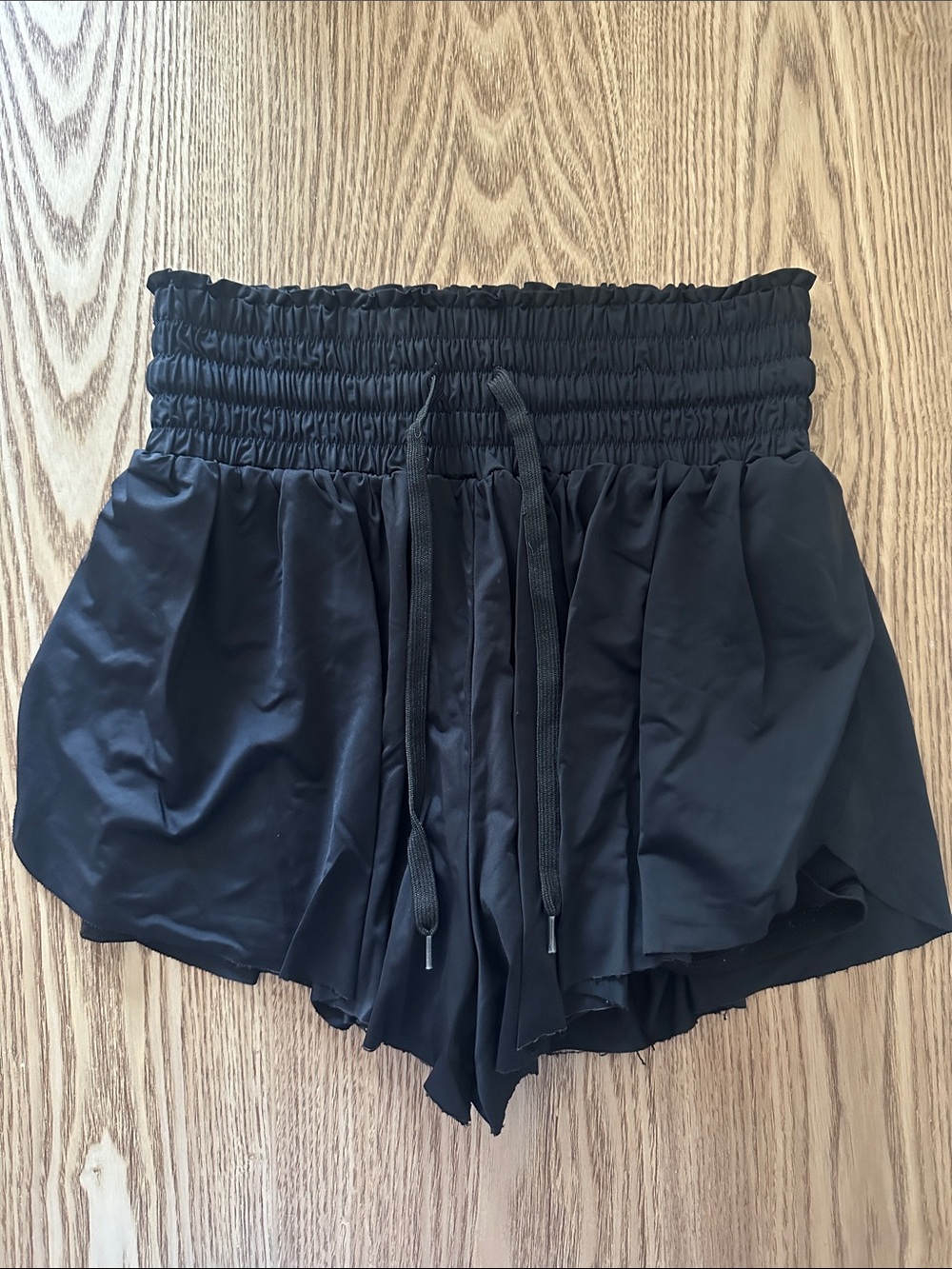 Black Smocked High-Waist Athletic Shorts with Drawstring